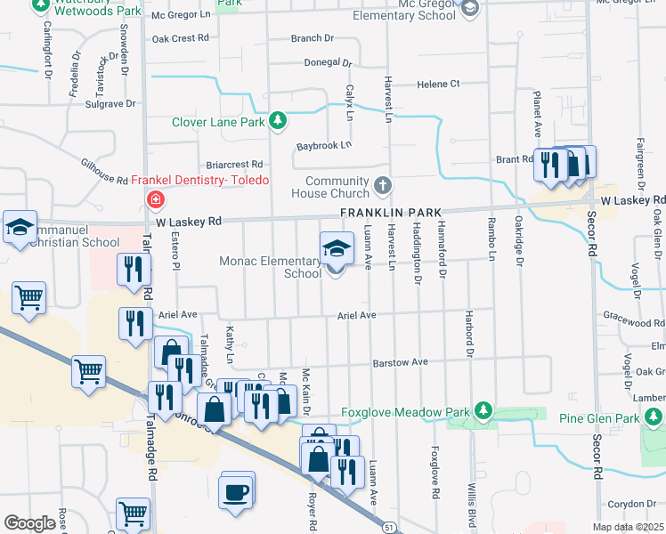 map of restaurants, bars, coffee shops, grocery stores, and more near 3845 Clawson Avenue in Toledo