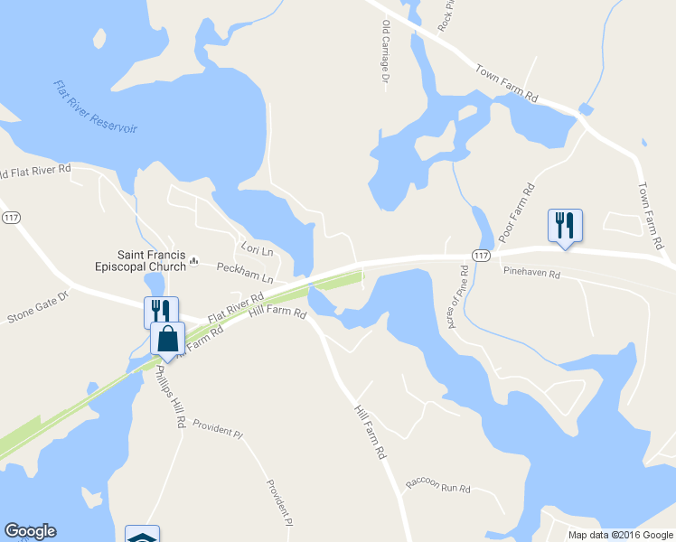 map of restaurants, bars, coffee shops, grocery stores, and more near 2599 Highway 117 in Coventry