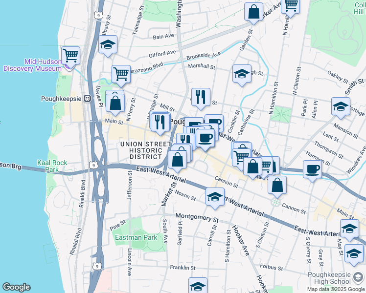map of restaurants, bars, coffee shops, grocery stores, and more near 10 Market Street in Poughkeepsie