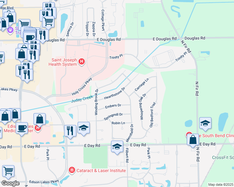map of restaurants, bars, coffee shops, grocery stores, and more near 15625 Hearthstone Drive in Mishawaka