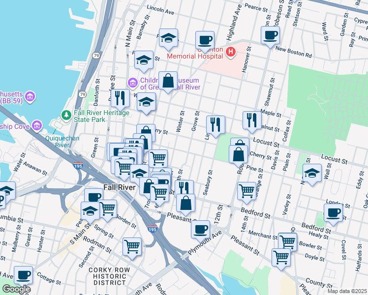 map of restaurants, bars, coffee shops, grocery stores, and more near 521 Cherry Street in Fall River