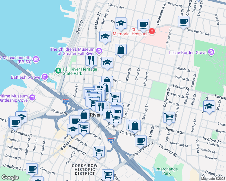 map of restaurants, bars, coffee shops, grocery stores, and more near 201 Rock Street in Fall River