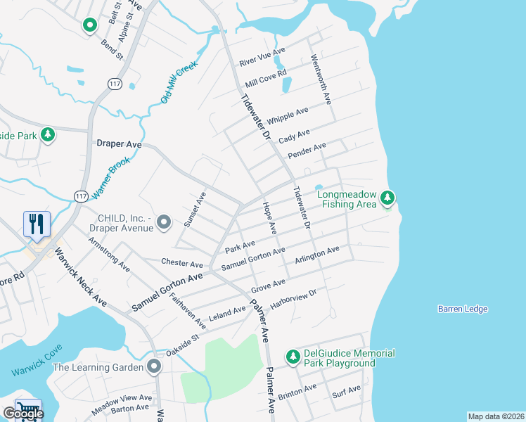 map of restaurants, bars, coffee shops, grocery stores, and more near 222 Longmeadow Avenue in Warwick