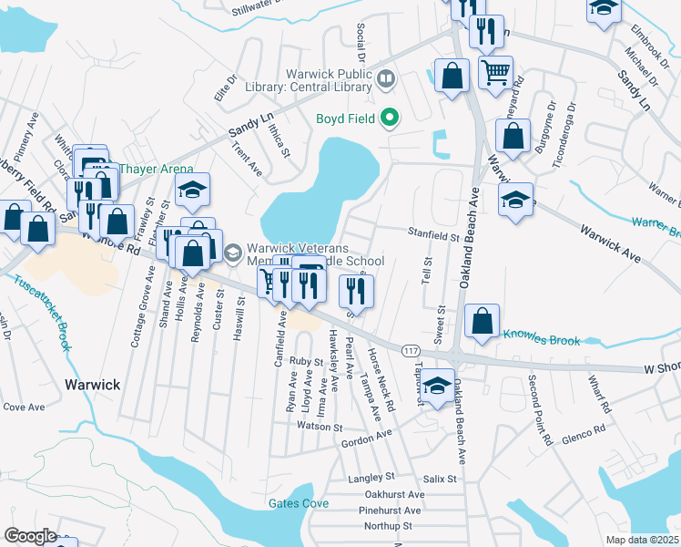 map of restaurants, bars, coffee shops, grocery stores, and more near 140 Glen Drive in Warwick