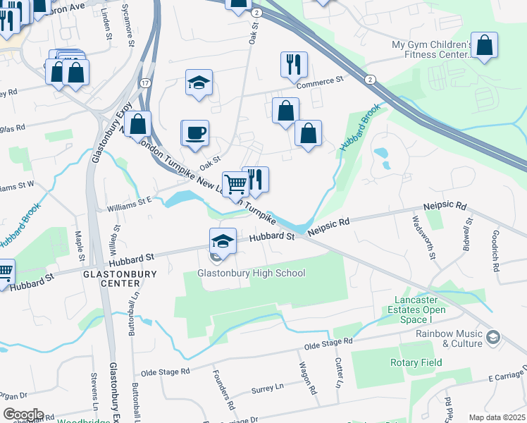 map of restaurants, bars, coffee shops, grocery stores, and more near 819-883 New London Turnpike in Glastonbury