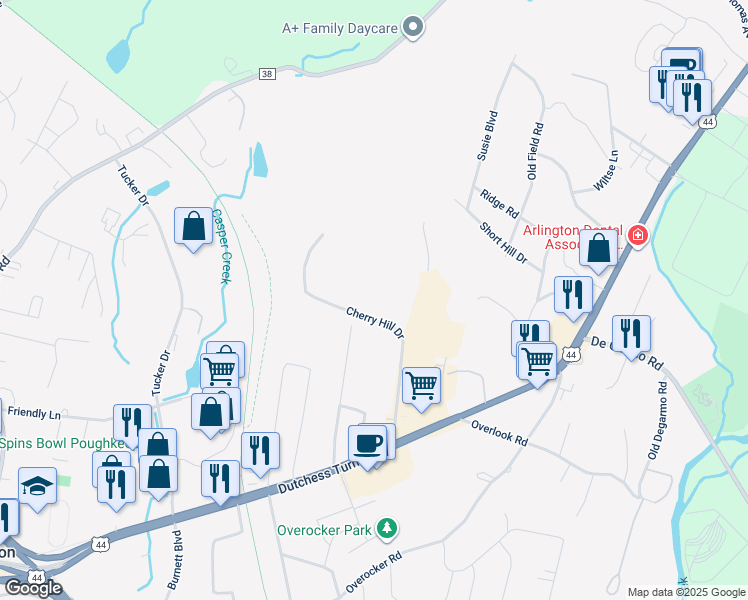 map of restaurants, bars, coffee shops, grocery stores, and more near 6008 Cherry Hill Drive in Poughkeepsie