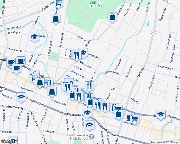 map of restaurants, bars, coffee shops, grocery stores, and more near 326 Mansion Street in Poughkeepsie