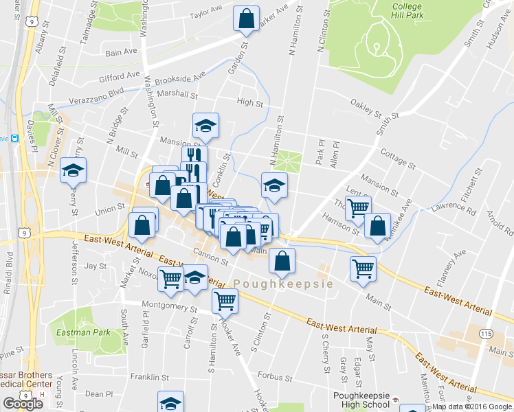 map of restaurants, bars, coffee shops, grocery stores, and more near 339 Mill Street in Poughkeepsie