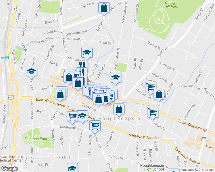 map of restaurants, bars, coffee shops, grocery stores, and more near 339 Mill Street in Poughkeepsie