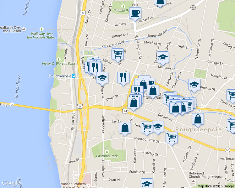 map of restaurants, bars, coffee shops, grocery stores, and more near 15 South Bridge Street in Poughkeepsie