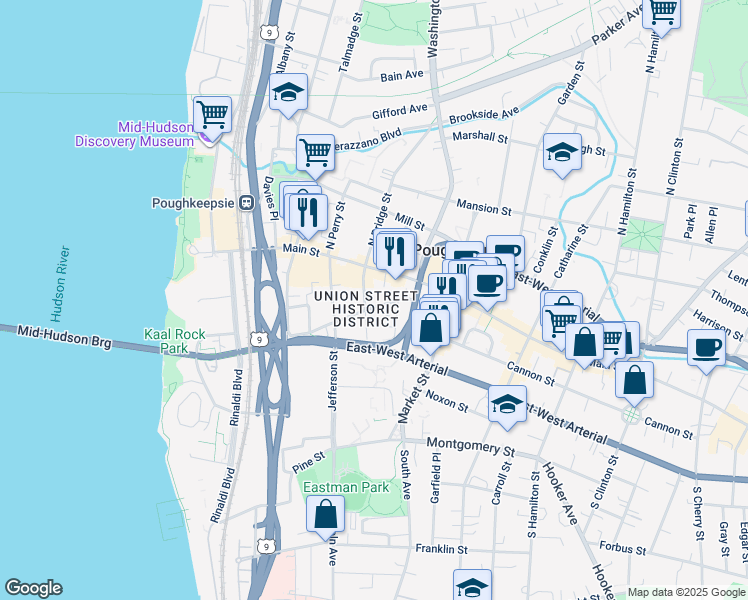 map of restaurants, bars, coffee shops, grocery stores, and more near 15 South Bridge Street in Poughkeepsie