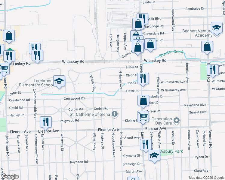 map of restaurants, bars, coffee shops, grocery stores, and more near 1141 Cribb Street in Toledo