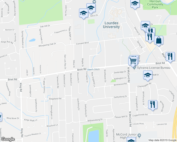 map of restaurants, bars, coffee shops, grocery stores, and more near 7022 Brint Road in Sylvania