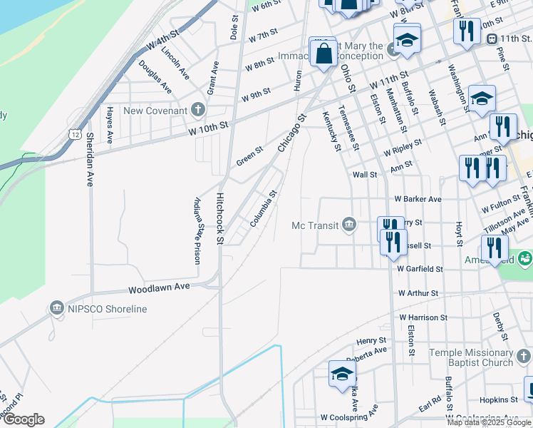 map of restaurants, bars, coffee shops, grocery stores, and more near 203 Columbia Street in Michigan City