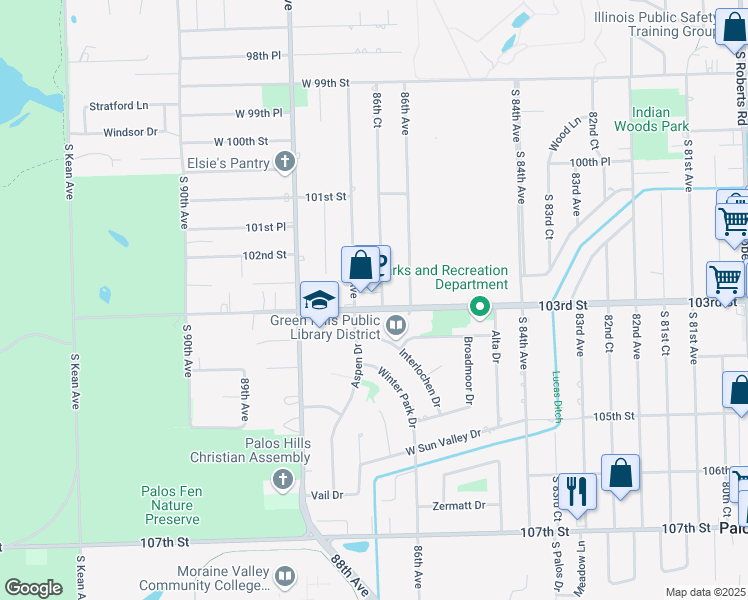 map of restaurants, bars, coffee shops, grocery stores, and more near 10241 South 87th Avenue in Palos Hills