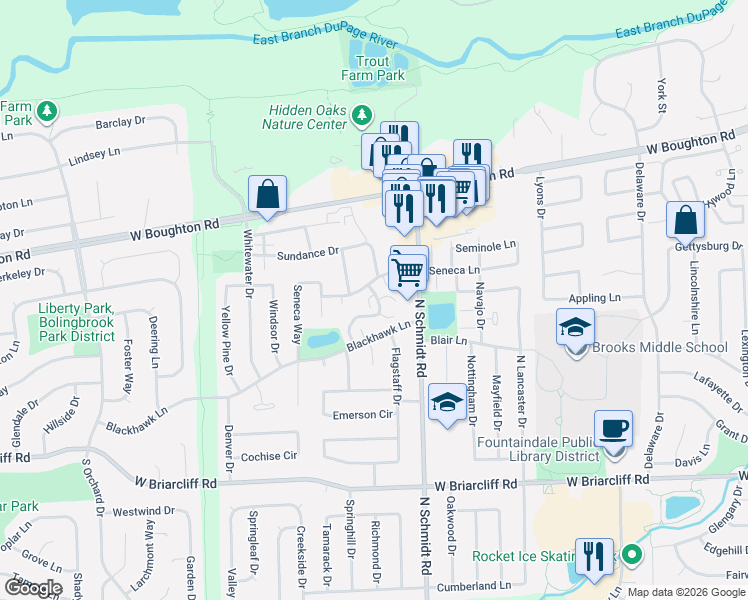 map of restaurants, bars, coffee shops, grocery stores, and more near 33 Bowie Court in Bolingbrook