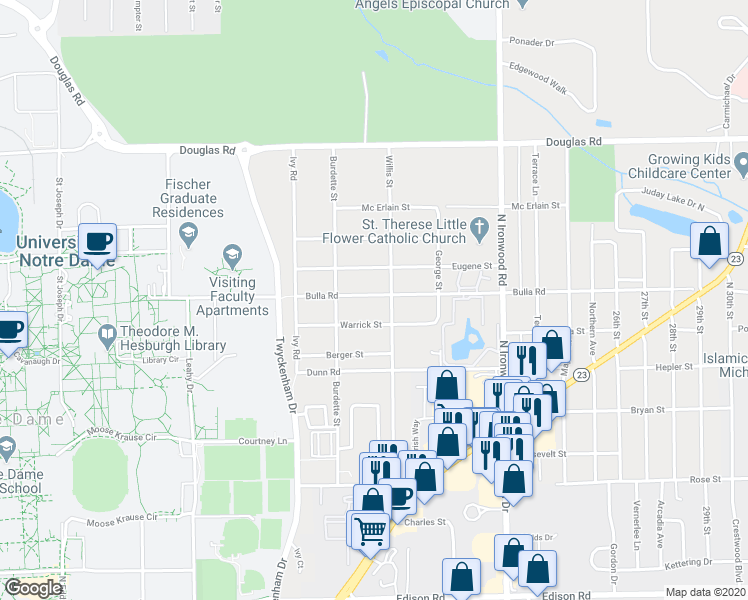 map of restaurants, bars, coffee shops, grocery stores, and more near 18286 Bulla Road in South Bend