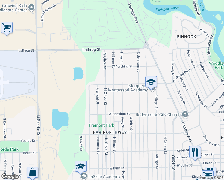 map of restaurants, bars, coffee shops, grocery stores, and more near 2021 N Elmer St in South Bend