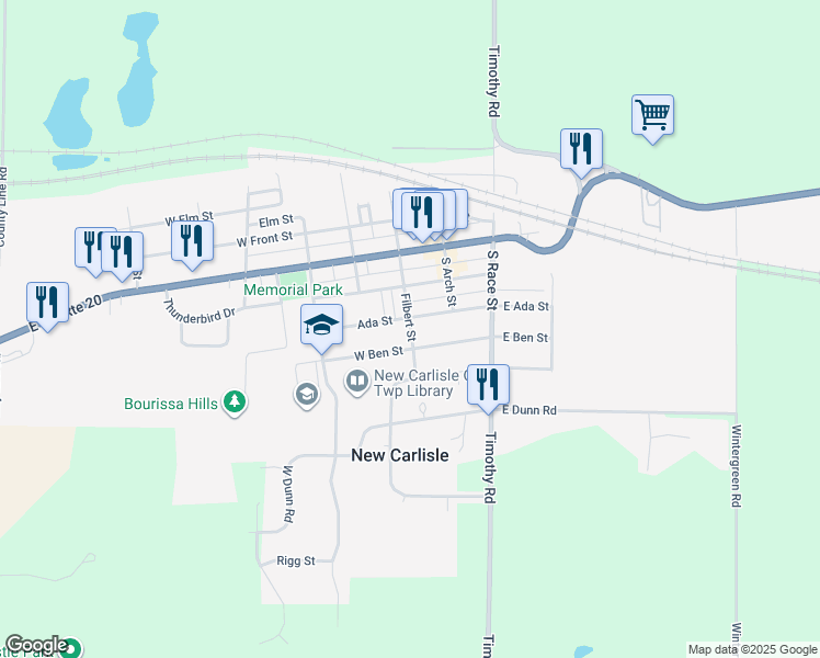 map of restaurants, bars, coffee shops, grocery stores, and more near Filbert Street in New Carlisle