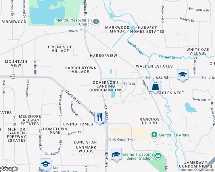 map of restaurants, bars, coffee shops, grocery stores, and more near 6101 Center Street in Mentor