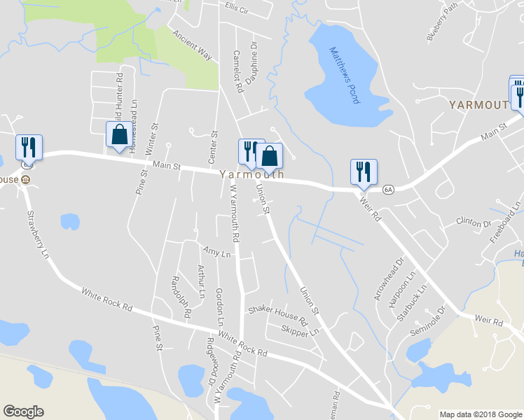 map of restaurants, bars, coffee shops, grocery stores, and more near 25 Union Street in Yarmouth