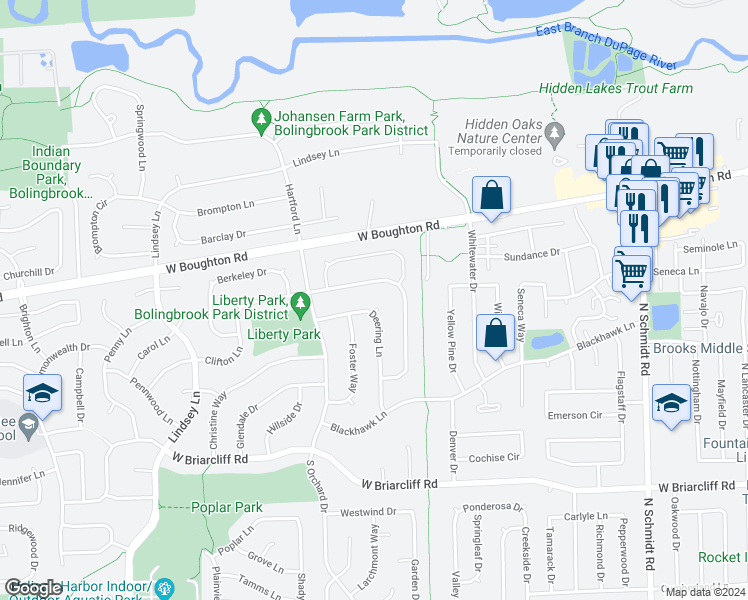 map of restaurants, bars, coffee shops, grocery stores, and more near 347 Deering Way in Bolingbrook