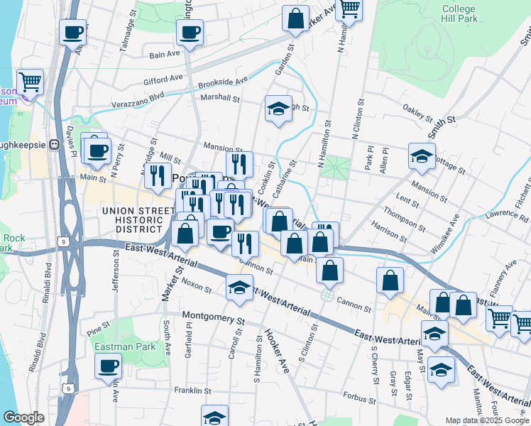 map of restaurants, bars, coffee shops, grocery stores, and more near 34 Catharine Street in Poughkeepsie