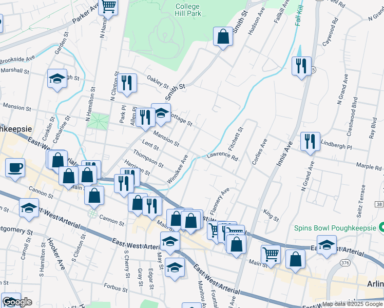 map of restaurants, bars, coffee shops, grocery stores, and more near 350 Mansion Street in Poughkeepsie