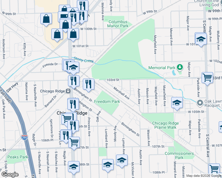 map of restaurants, bars, coffee shops, grocery stores, and more near 6147 Marshall Avenue in Chicago Ridge