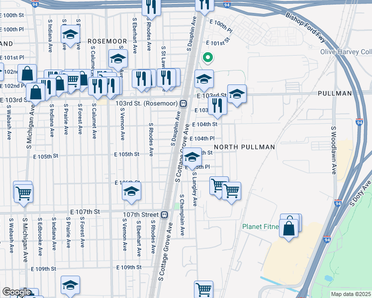 map of restaurants, bars, coffee shops, grocery stores, and more near 10455 South Cottage Grove Avenue in Chicago