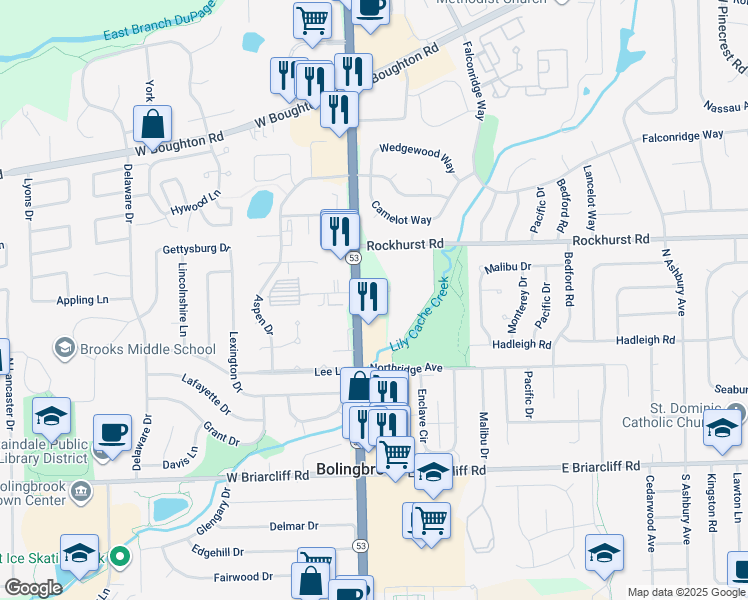 map of restaurants, bars, coffee shops, grocery stores, and more near 100 Brook Court in Bolingbrook