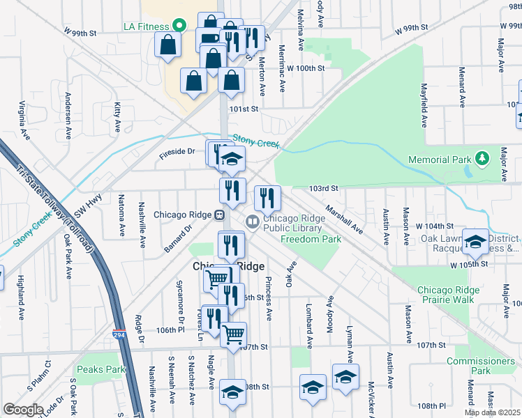 map of restaurants, bars, coffee shops, grocery stores, and more near 10246 Kerry Ridge Court in Chicago Ridge