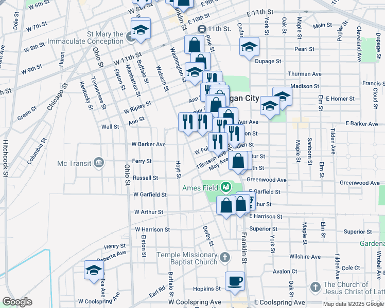 map of restaurants, bars, coffee shops, grocery stores, and more near 299 West Fulton Street in Michigan City