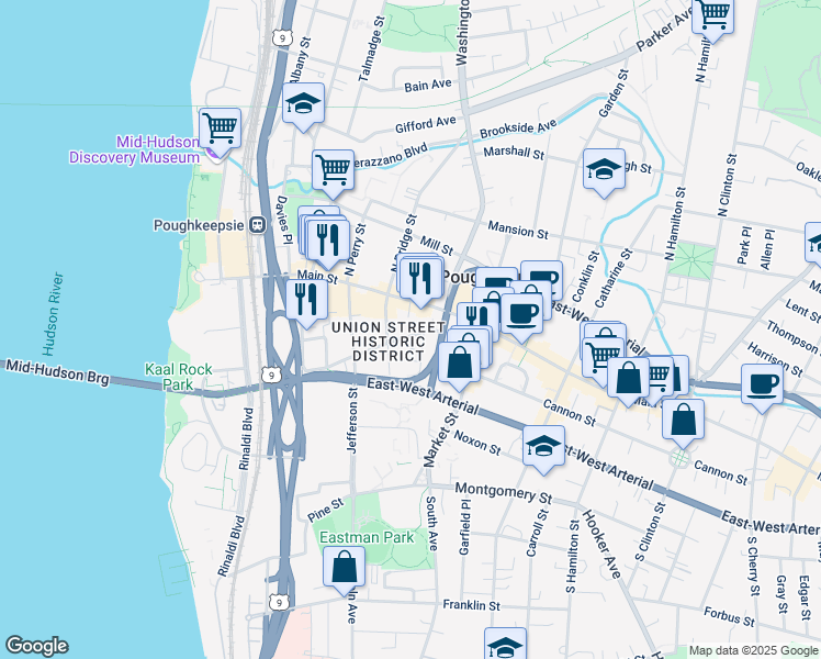 map of restaurants, bars, coffee shops, grocery stores, and more near 193 Union Street in Poughkeepsie