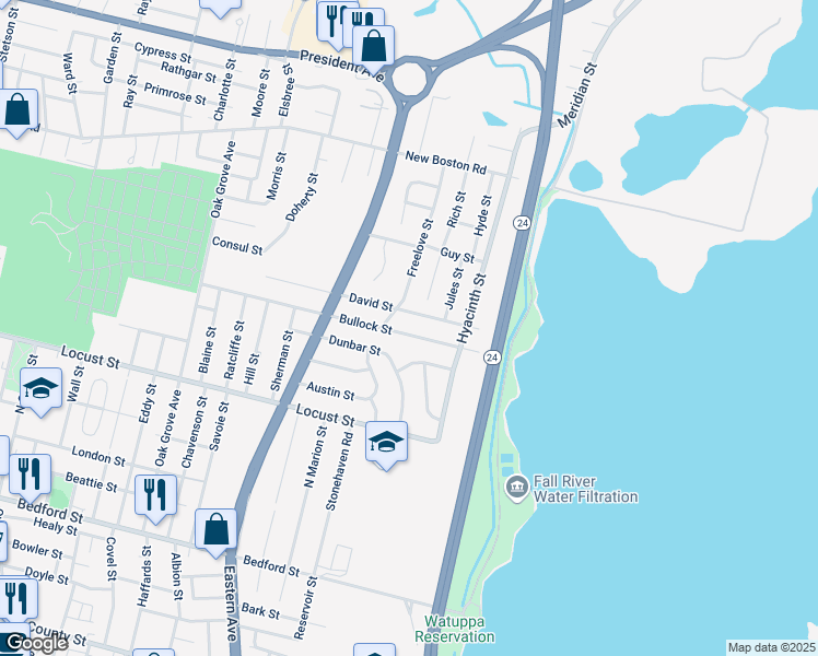 map of restaurants, bars, coffee shops, grocery stores, and more near 445 David Street in Fall River