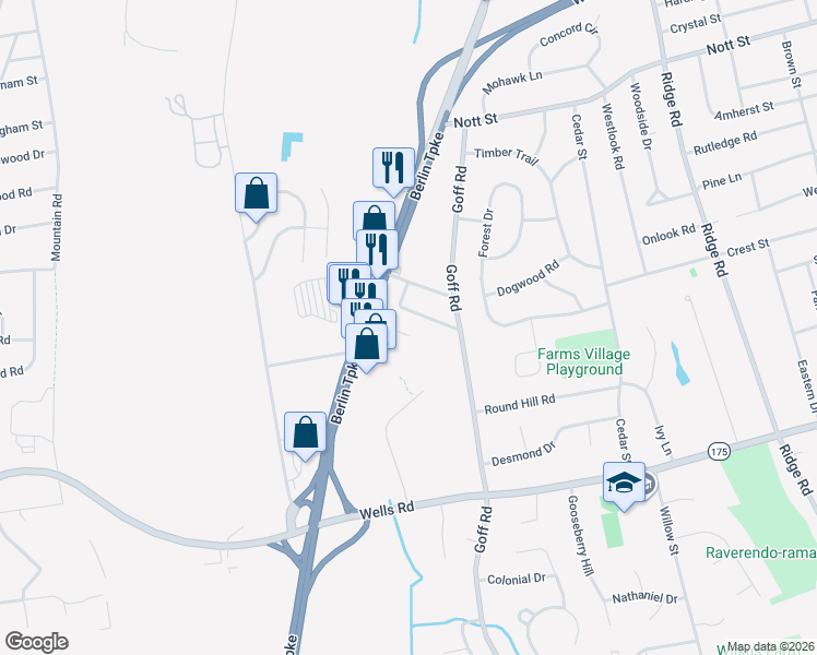 map of restaurants, bars, coffee shops, grocery stores, and more near 34 Cranston Avenue in Wethersfield
