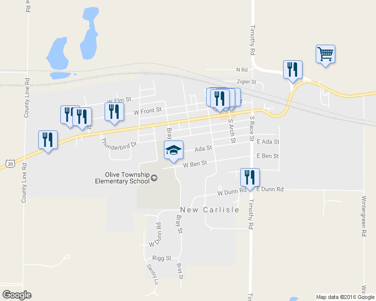 map of restaurants, bars, coffee shops, grocery stores, and more near 232 Ada Street in New Carlisle