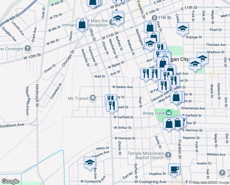 map of restaurants, bars, coffee shops, grocery stores, and more near 1804 Elston Street in Michigan City