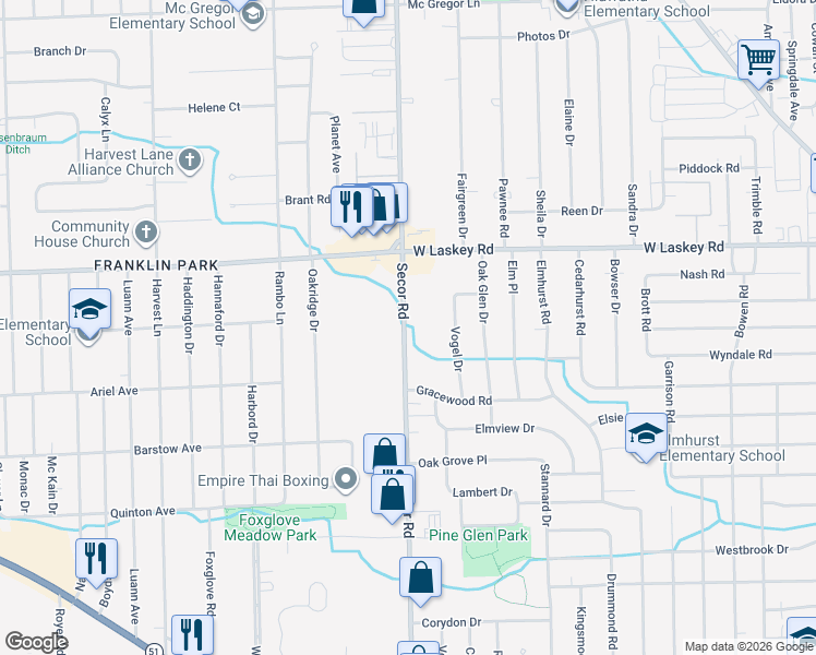 map of restaurants, bars, coffee shops, grocery stores, and more near 4812 Secor Road in Toledo