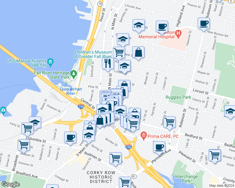 map of restaurants, bars, coffee shops, grocery stores, and more near 170 Purchase Street in Fall River
