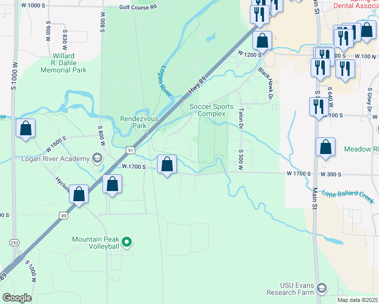 map of restaurants, bars, coffee shops, grocery stores, and more near 80 East 1370 South Place in Logan