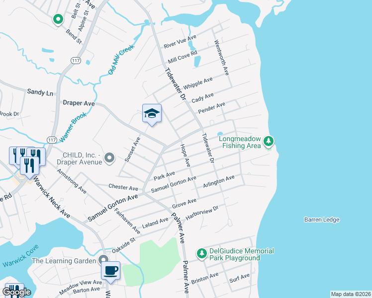 map of restaurants, bars, coffee shops, grocery stores, and more near 222 Longmeadow Avenue in Warwick