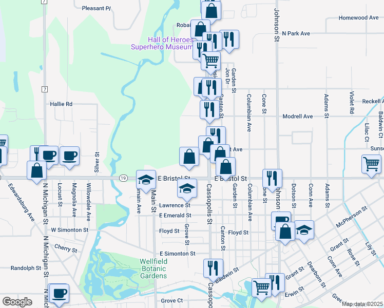 map of restaurants, bars, coffee shops, grocery stores, and more near 250 East Bristol Street in Elkhart