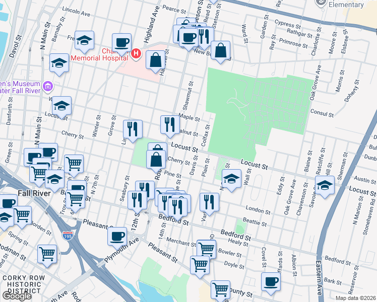 map of restaurants, bars, coffee shops, grocery stores, and more near 936 Locust Street in Fall River