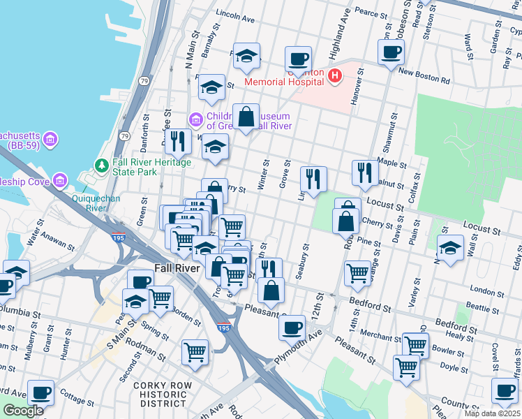 map of restaurants, bars, coffee shops, grocery stores, and more near 521 Cherry Street in Fall River