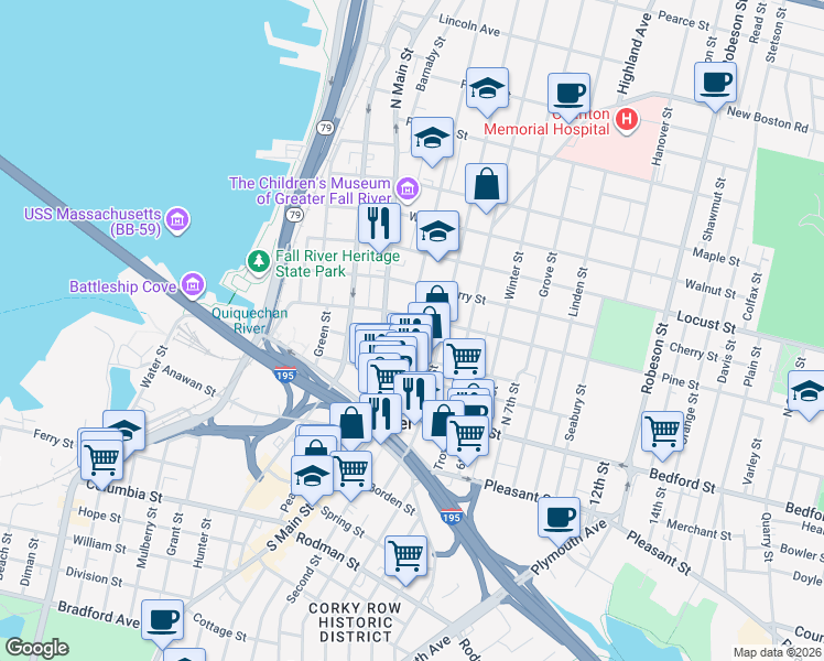 map of restaurants, bars, coffee shops, grocery stores, and more near 266 Pine Street in Fall River