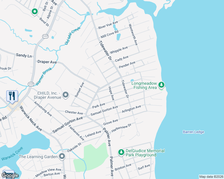 map of restaurants, bars, coffee shops, grocery stores, and more near 222 Longmeadow Avenue in Warwick