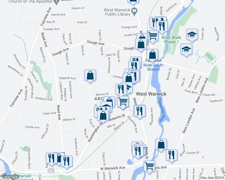 map of restaurants, bars, coffee shops, grocery stores, and more near in West Warwick