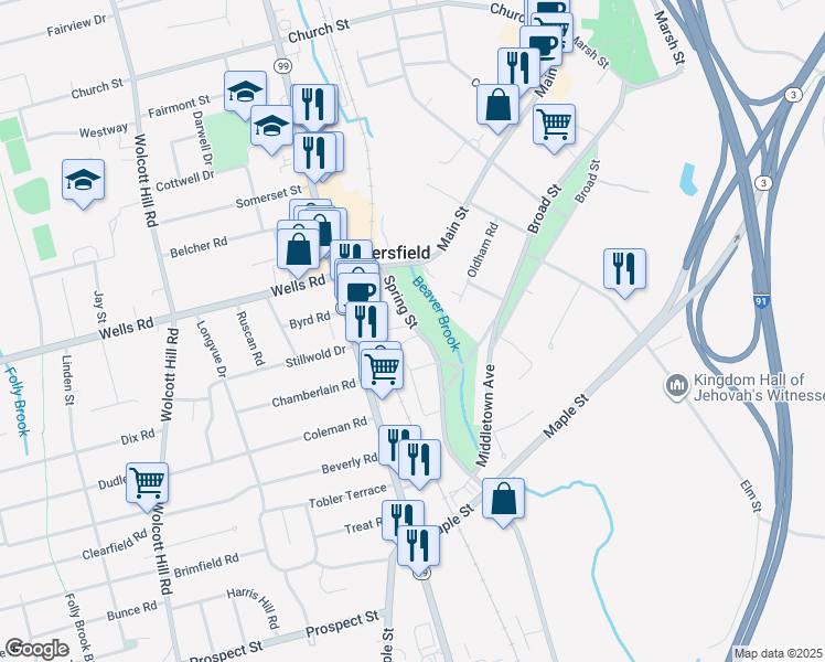 map of restaurants, bars, coffee shops, grocery stores, and more near 40 Spring Street in Wethersfield