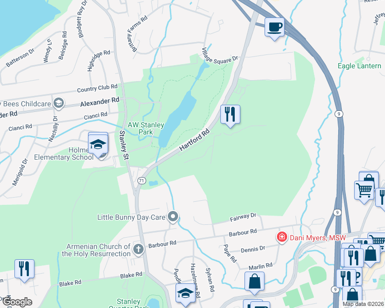 map of restaurants, bars, coffee shops, grocery stores, and more near 205 Hartford Road in New Britain